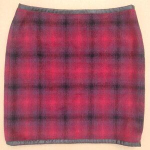 Escada Sport Vintage Soft Fuzzy Red Black Plaid Skirt Leather Trim